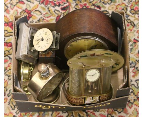 A box of clock parts to include oak cased mantel clock, Fox Fleure table lamp, cloisonne wall plates and a musical decanter, 