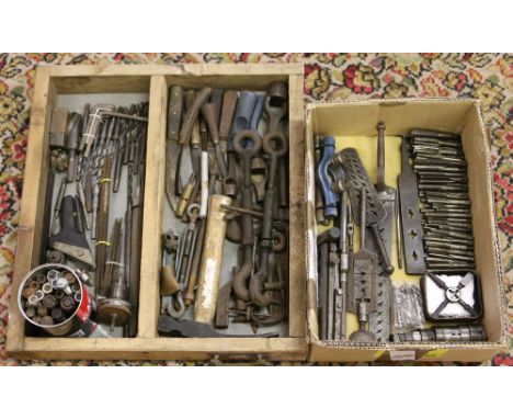 Two boxes of old tools, drill bits, tap and die sets and butchering knives etc.