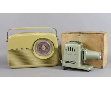 A Bush transistor radio along with a boxed projector.