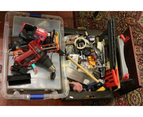 Two boxes of assorted tools including bench vice, saws etc.