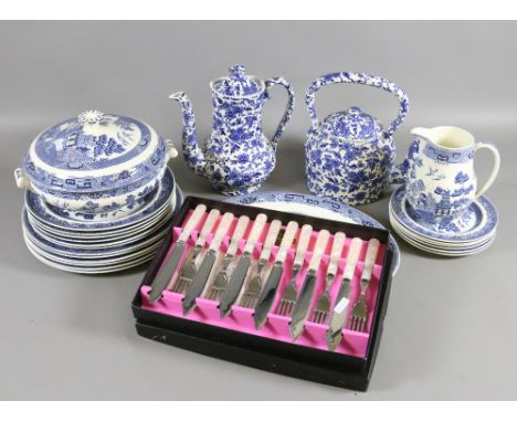 A collection of Wedgwood pottery decorated in the Willow pattern, two pieces of Burleigh ware pottery and a boxed set of stai