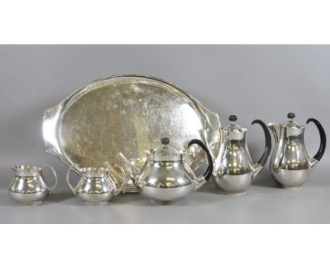 A silver plate five part tea/coffee service on matching serving tray by Mappin & Webb and bearing designers signature Eric Cl