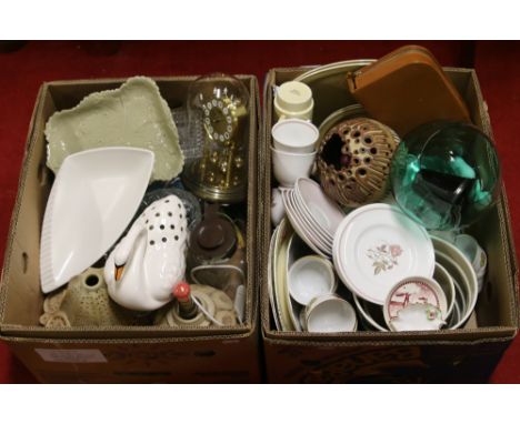 Two boxes of miscellaneous ceramics and glass to include Susie Cooper teawares, Royal Worcester, Wade, Poole, Quartz annivers