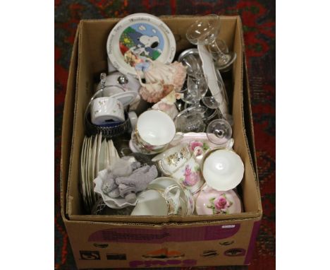 A box of miscellaneous to include glass and metalwares, tankards and figurines along with a Windsor china six place tea servi