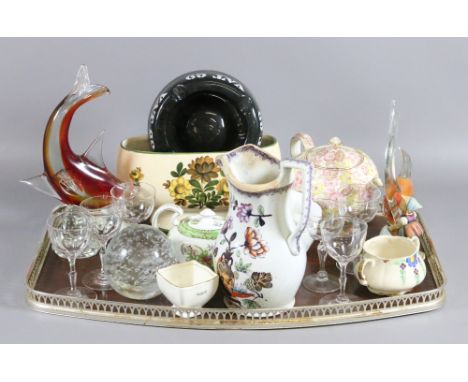 A tray of assorted ceramics and glass to include Murano fish, Wade, Sylvac, Royal Winton etc.