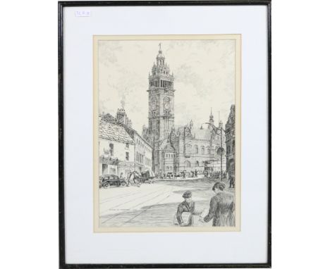 A framed ink sketch depicting Sheffield Cathedral by local artist Byron W Warmby dated 1944.