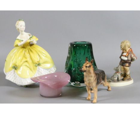 A collection of ceramics and glass to include art glass, Royal Doulton figure, Hummel figure etc.