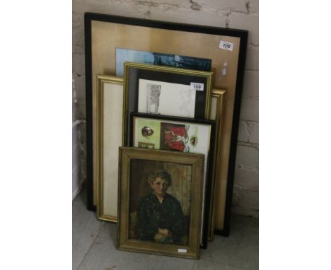 A collection of old pictures and prints including an oil on board, portrait of an elderly woman.