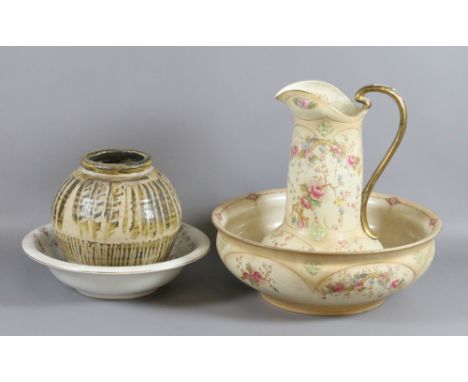 A Victorian Crown Devon jug and bowl along with transfer printed wash bowl and glazed art vase.