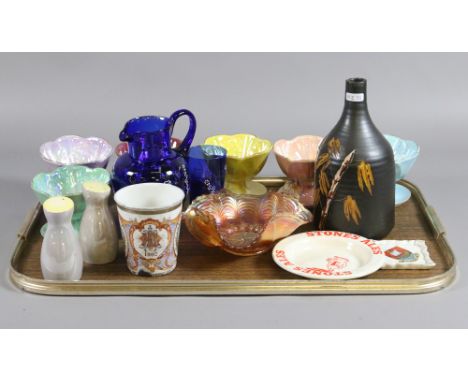 A tray of collectables including Wade Andy Capp ashtray, Beswick fruit bowls, enamel commemorative beaker, carnival glass, et