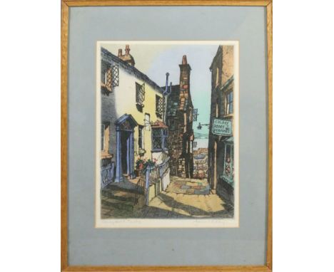 James Pridday framed artist proof coloured etching signed and  named Quay Hill Tenby.