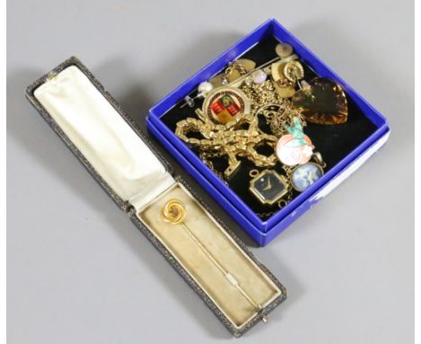 A good collection of gold plated jewellery including cased stick pin, enamelled Victorian Crown, bracelet, dress ring and ena