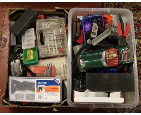 Two boxes of assorted tools including cased sets etc.