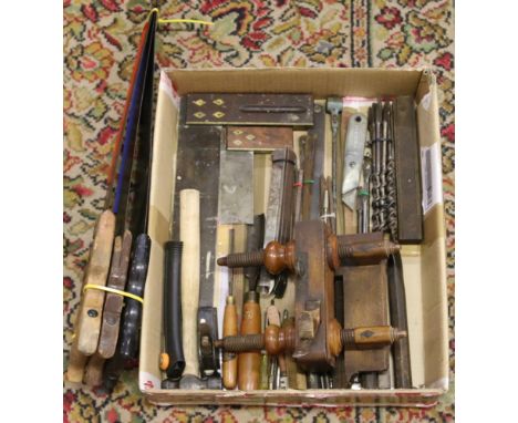 A box of joiners tools, hand saws, set squares, chisels, antique combination planes, drill bits etc.