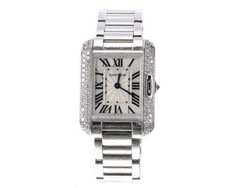Cartier Tank Anglaise 18k white gold and diamond lady's bracelet watch, ref. 3488, no. 804xxxx, silvered dial with secret sig