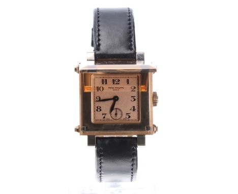 Patek Philippe Gondolo Cabriolet 18k rose and white gold square cased gentleman's wristwatch, ref. 5099RG-001, square salmon 