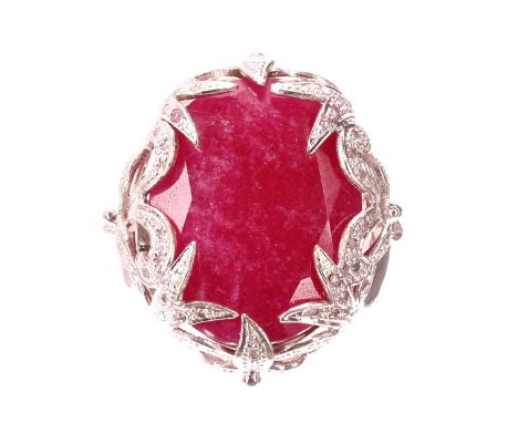 Large white gold ruby and diamond set ring, the ruby 48ct approx, 32mm x 28mm, 25.8gm, ring size N (4448-6-A)
