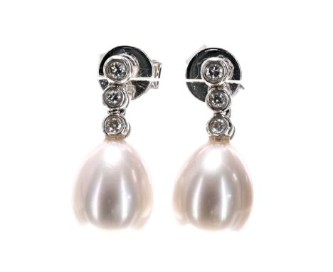 Pair of white gold diamond and pearl drop earrings, each with three small diamonds over pear shaped cultured pearls, 2.8gm,19