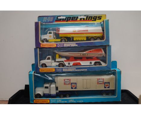 Matchbox K-31 super kings refrigerated truck, K-27 Miss Embassy powerboat &amp; transporter &amp; K-16 Articulated petrol tan