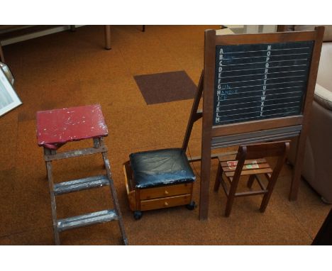 Vintage chalk board &amp; chair, drawer foot stool &amp; vintage step ladder