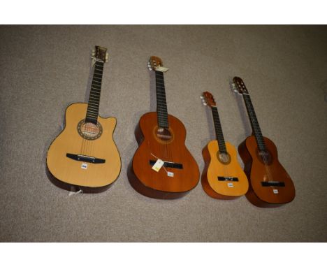 four acoustic guitars, makers to include: Rikter, Almeria, Pelmer model PL12 childs size; and BM Clasico.