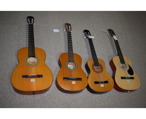 Four acoustic guitars, makers to include: Tatra Classic, Encore, Lorenzo, model No.15U, and Burwood model JC-36.