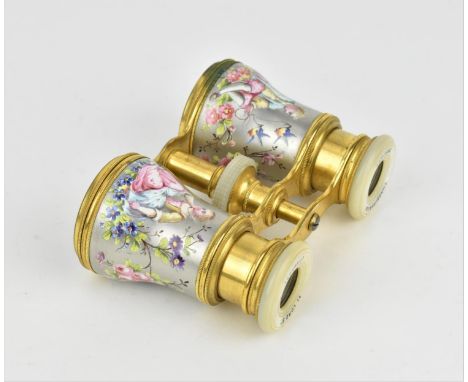 A pair of Chadburn &amp; Son mother of pearl and enamel opera glasses with painted galantes lovers scenes with birds and flow