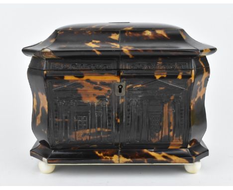 A Regency tortoiseshell and ivory mounted tea caddy, of sarcophagus form with slight bombe body with chamfered corners and re