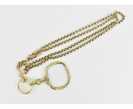 A 9ct gold belcher link chain, with 9ct gold hook, holding a gold plated Victorian style lorgnette, the chain 70 cm long, 13 