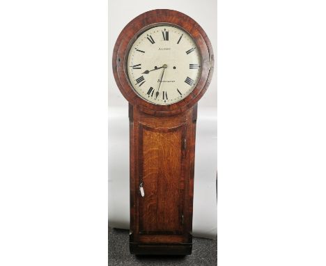A Victorian mahogany veneered and oak wall clock by Allport, Birmingham, with circular enamel dial with Roman numerals, lacki
