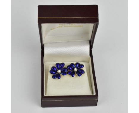 A pair of 18ct gold, diamond and enamel floral earrings, each with blue enamel naturalistic petals with central diamond on a 