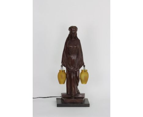 A figural lamp of a lady holding two lanterns, 20th Century        After a work by Dominique Alonzo. In working condition.   
