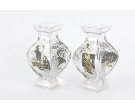 A pair of Japonisant crystal vases, first quarter 20th Century        Possibly made by "Escalier de Cristal"    Width 12 cm h