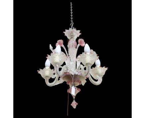 A Murano pink and clear handmade glass 5-branch chandelier, height 52cmAll pieces in good condition 