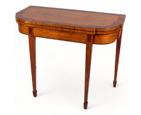 19th century satinwood and tulipwood banded fold over card table, on strung tapered legs, width 91cmGood condition with minor