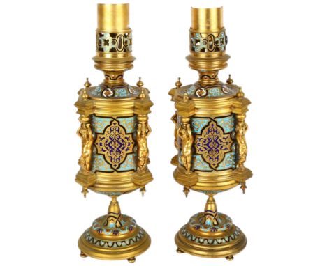 Pair of 19th century gilt-brass and champleve enamel cylindrical table lamps, each lamp supported by 4 putti figures, raised 