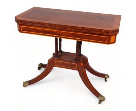 19th century mahogany and satinwood crossbanded fold over card table, width 91.5cmTop has several light stains and marks, oth