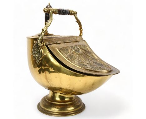 Good quality Victorian brass Neoclassical design coal bin and matching shovel, with turned wood handles and relief embossed d
