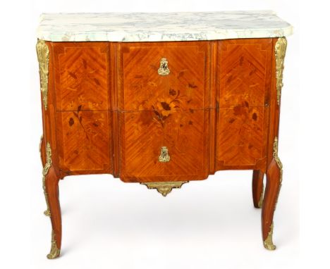 A 2 drawer kingwood commode, ormolu mounted with white  marble top, height 83cm, 91 x 45cmSome chips to marble at corners 