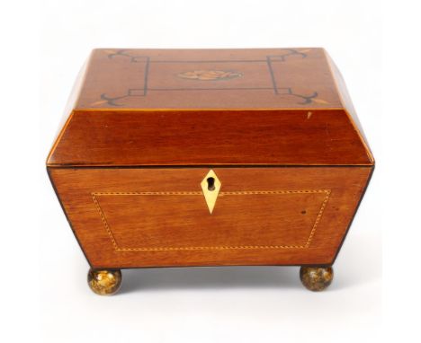 19th century mahogany sarcophagus shaped tea caddy, with shell marquetry inlay, inner lids with ivory mounts, on giltwood bal