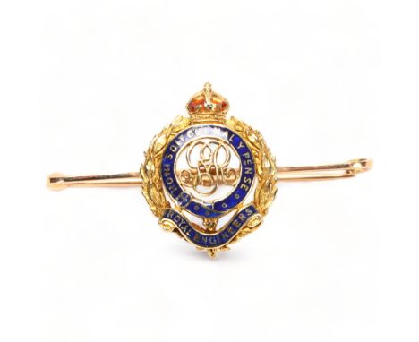 George V 15ct gold and enamel Royal Engineers military sweetheart brooch, width 45mmAll in good condition, no enamel damage o