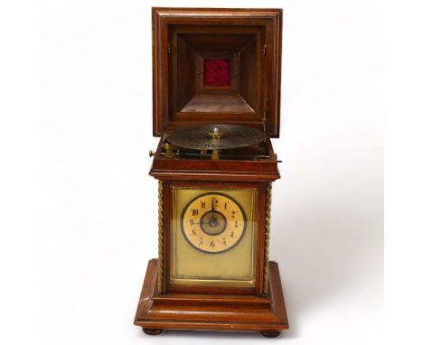 19th century German walnut-cased Symphonion musical mantel clock, hinged lid enclosing disc player playing 11.5cm disc, heigh