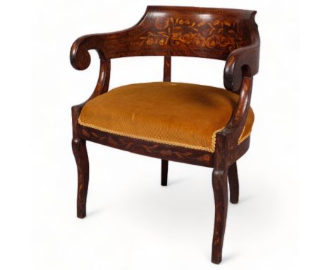 An 18th century Dutch marquetry bow arm chair, width 64cmGood condition with age-related flaws but no damage or repairs 