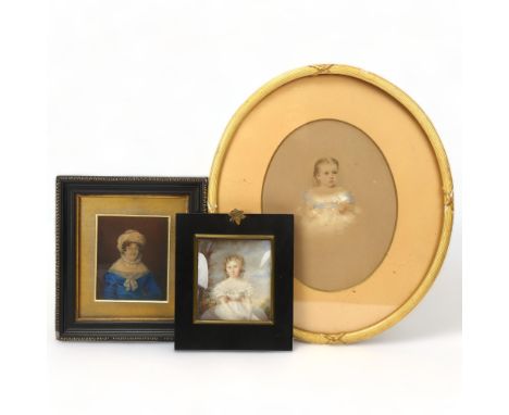 19th century watercolour portrait of a girl, unsigned, overall frame dimensions 18cm x 16cm, oval watercolour portrait of a c