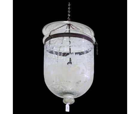 A large bell-shaped hanging light fitting and shade with etched decoration, height approx 55cm, diameter 35cmAll in good cond