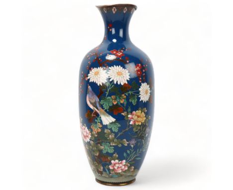 Japanese 19th century cloisonne enamel vase, with exotic bird decoration, height 31cmRim is very slightly bent but no sign of