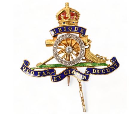 Early 20th century 18ct gold diamond and enamel Royal Artillery military sweetheart brooch, width 35mmVery good condition, no
