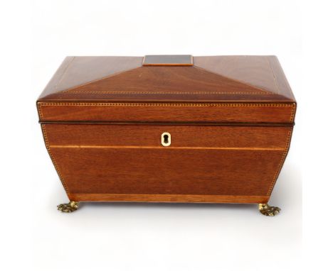 19th century mahogany sarcophagus shaped tea caddy, with inlaid banding, 3 inner caddies with curved lids and ivory handles, 