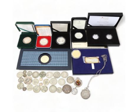 Silver coins and ingots, including 2021 two ounce Gothic crown portrait, Concorde 1976 silver ingot, Queen Elizabeth 95th Bir