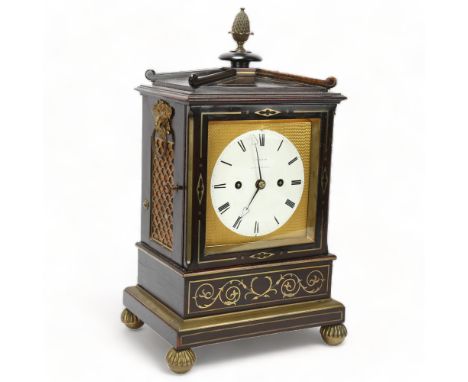 Fine quality 19th century brass inlaid mahogany bracket clock, by Gorham of Kensington, the case having brass pineapple finia